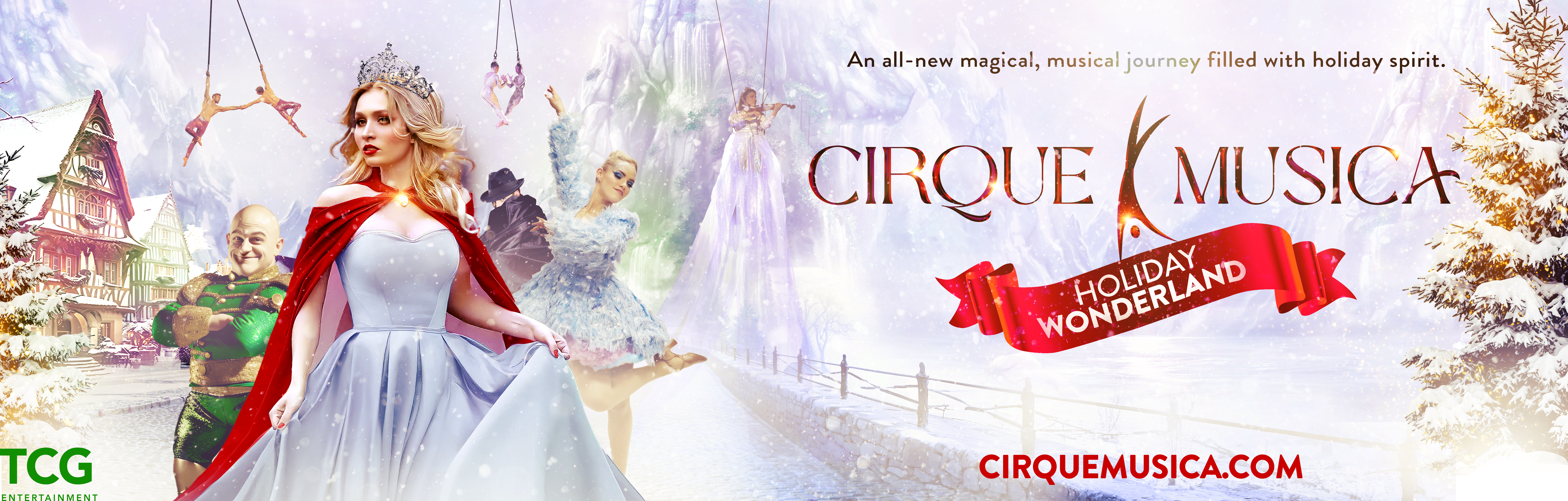 A princess in a tiara and a white dress standing in a winter wonderland near a cabin surrounded by snow