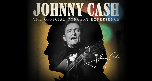 an image of Johnny Cash inside a silhouette of himself with the title "Johnny Cash - The Official Concert Experience"