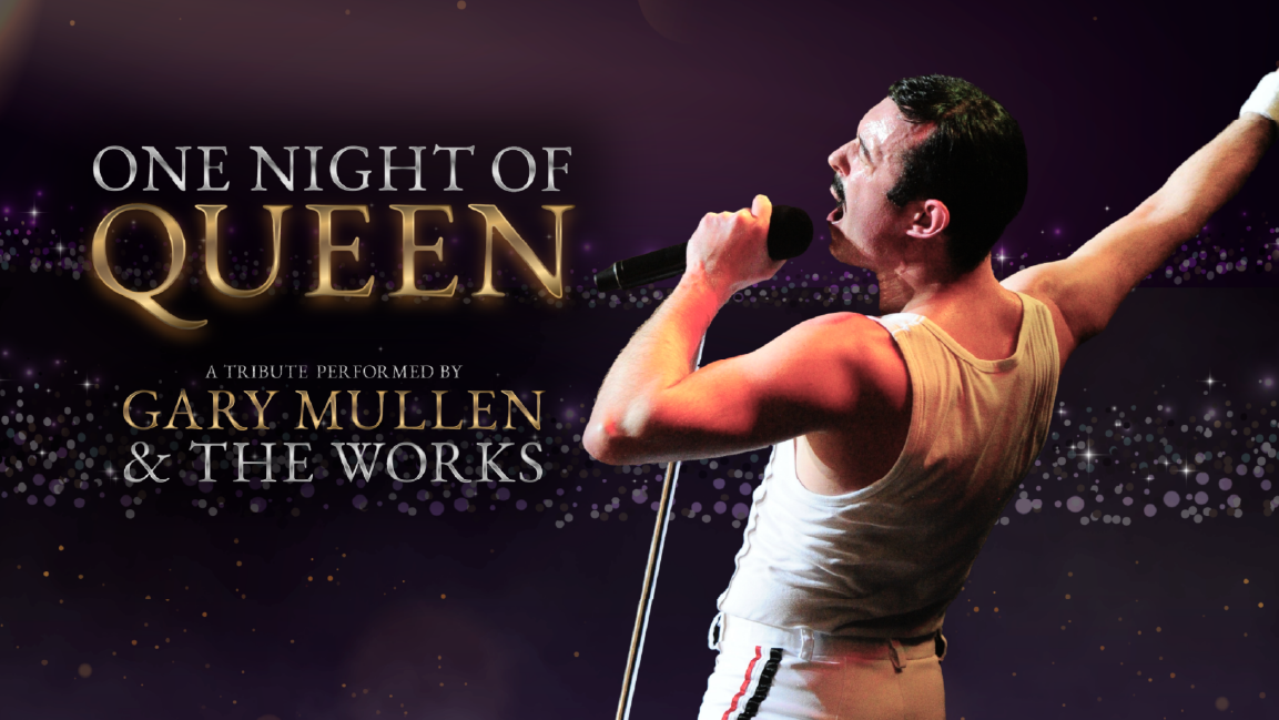 Gary Mullen poses as Freddie Mercury from Queen in front of a purple background with sparkles and circles. Image text reads, "One Night of Queen. A Tribute performed by Gary Mullen and The Works."