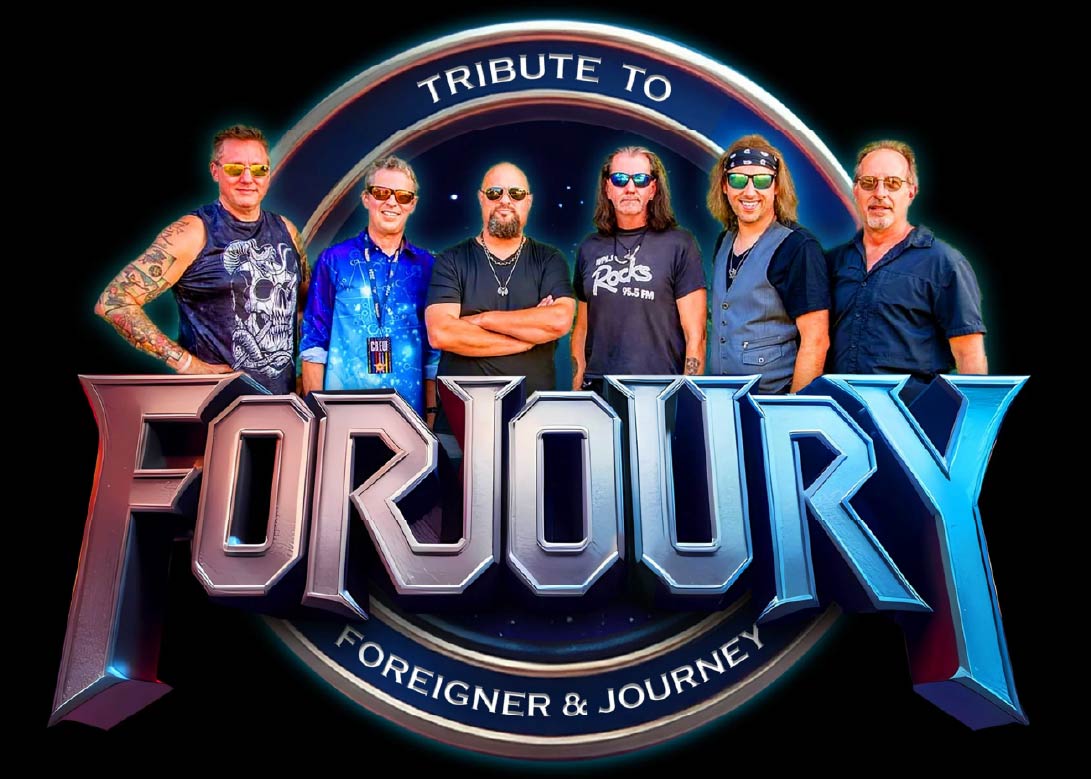 Cover band Forjoury poses before their metallic red and blue logo. Logo text reads, "Forjoury – A tribute to Foreigner and Journey."