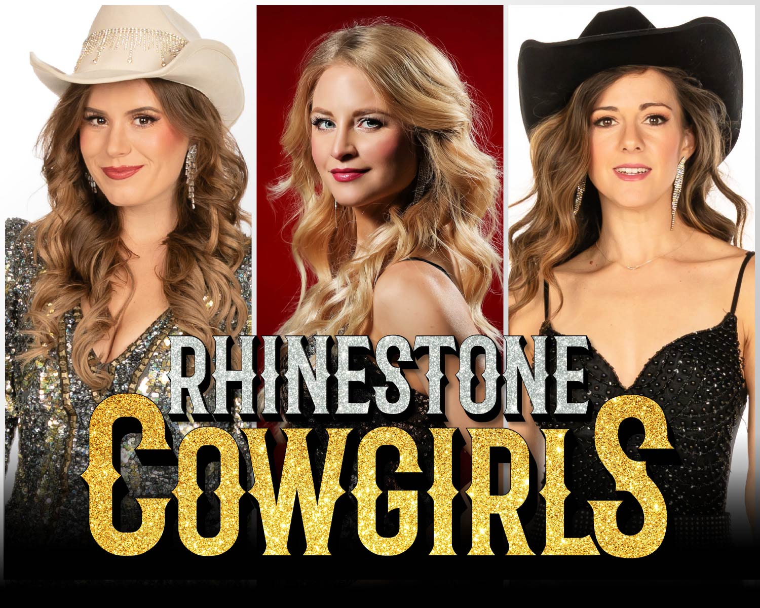 The lead singers of Rhinestone Cowgirls pose in their own panels dressed in rhinestone country outfits. Glitter logo text reads, "Rhinestone Cowgirls."