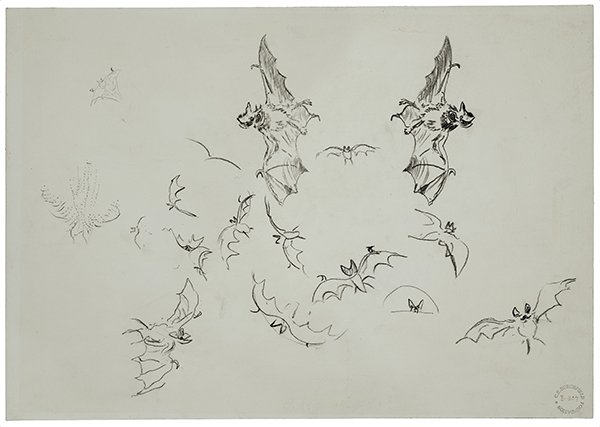 Charles Ephraim Burchfield, Study of Bats in Flight, c. 1954-63. Conté crayon on wove paper mounted on cardboard. Wadsworth Atheneum Museum of Art, Bequest of Edward Gorey, 2001.13.34.