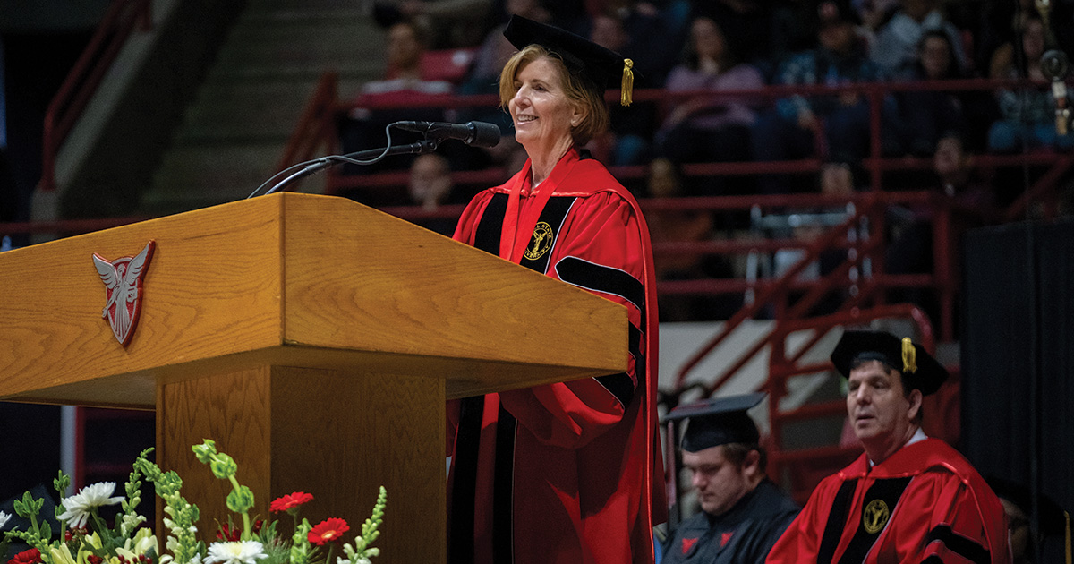 Commencement speaker Renae Conley at podium
