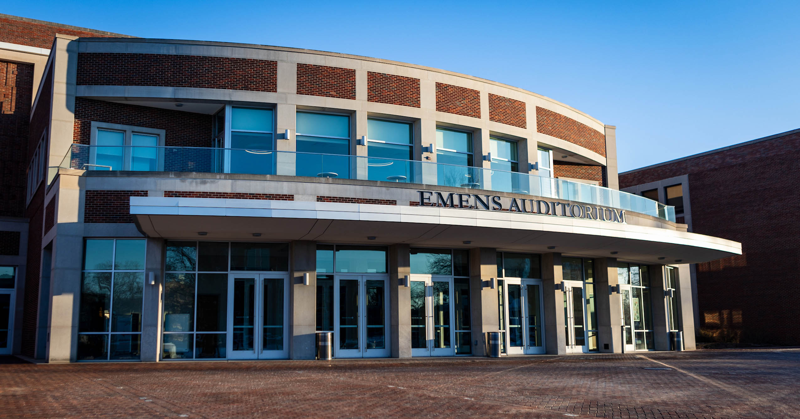 Exterior entrance of Emens Auditorium at Ball State University.