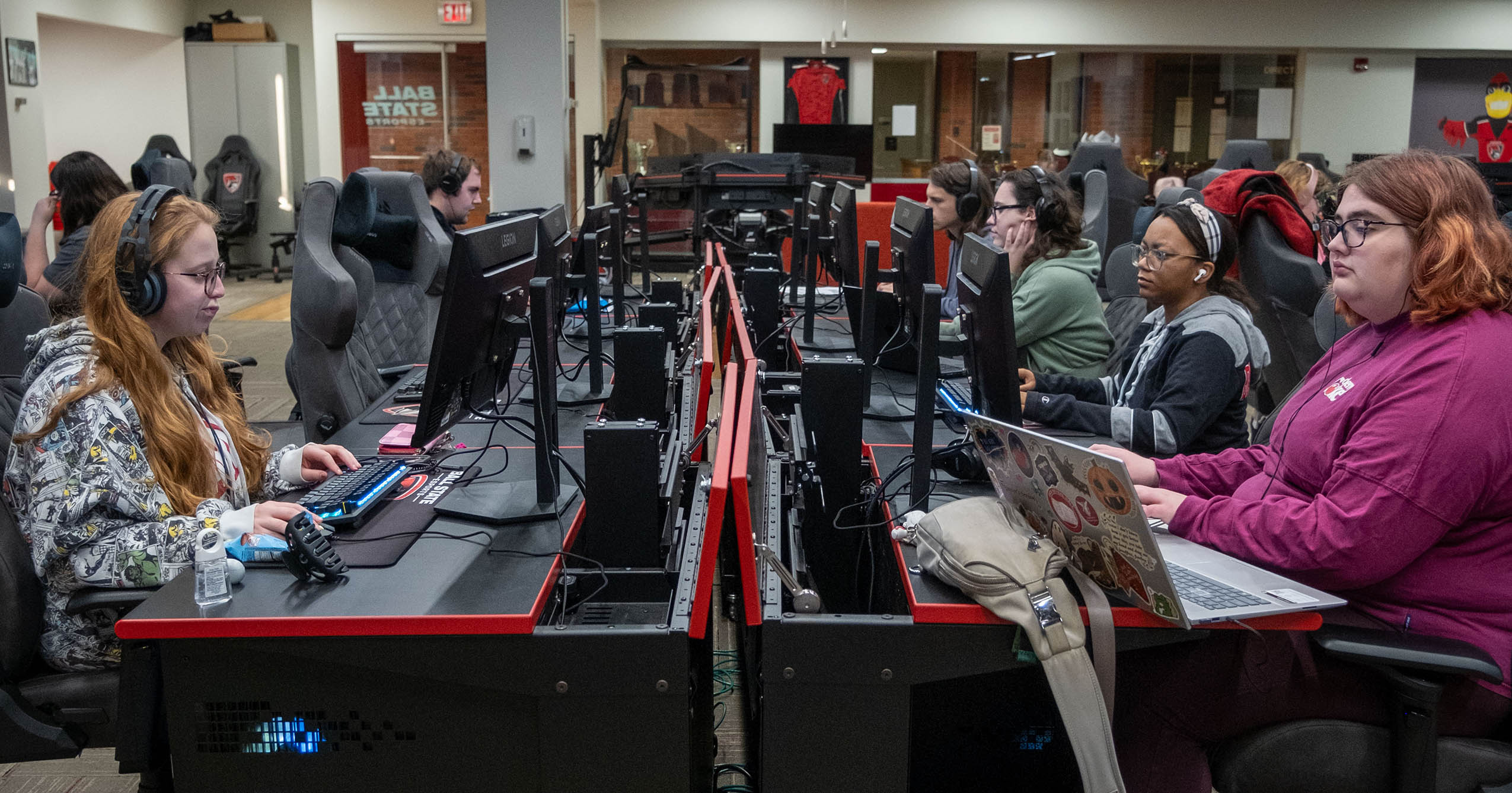 Students work at rows of gaming computers in Ball State University’s Esports Center.