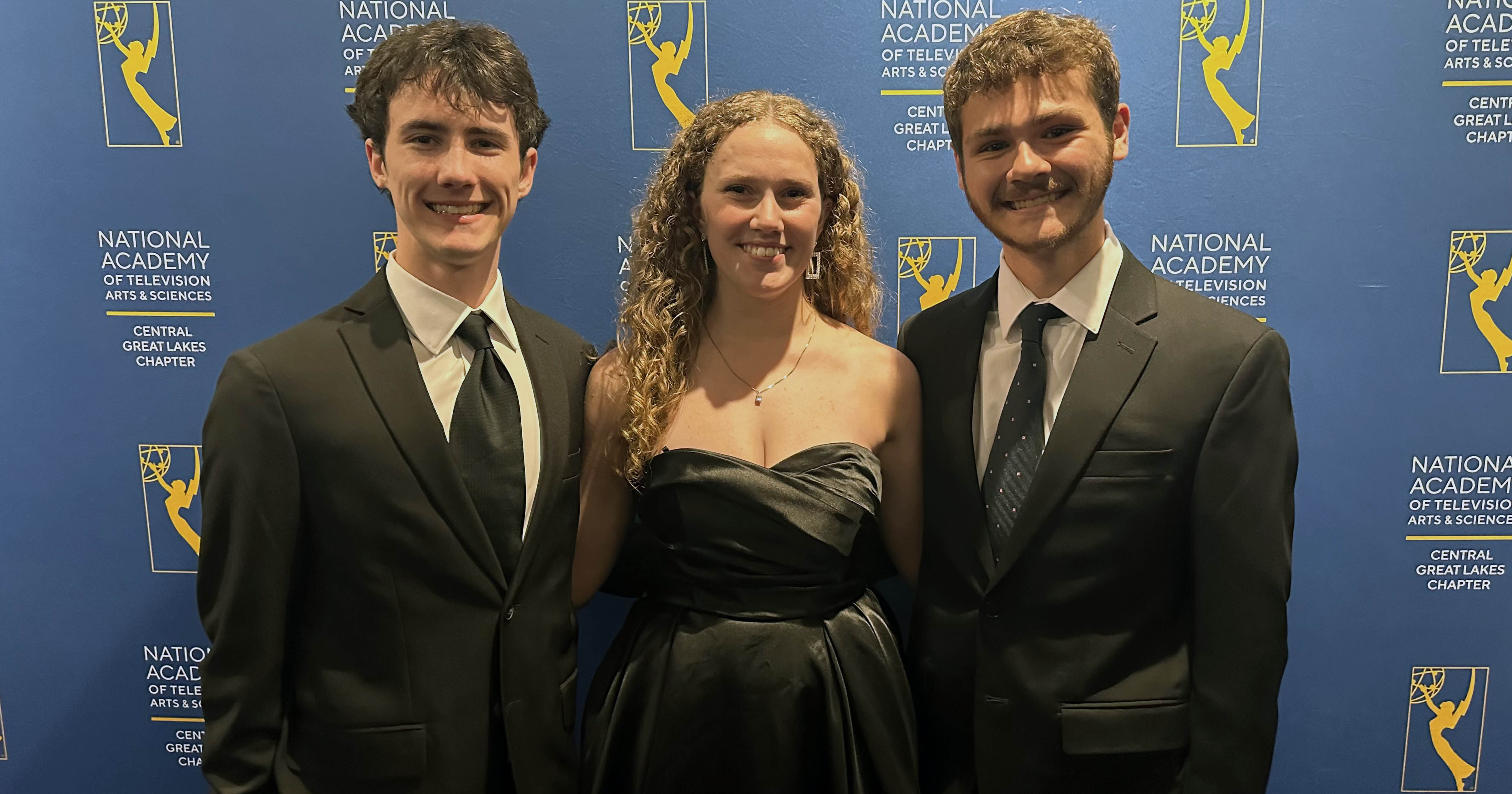 Ball State students Jude Kieffer, Ashlynne Owens, and Josh Bobay at the 2026 Central Great Lakes Regional Emmy Awards.