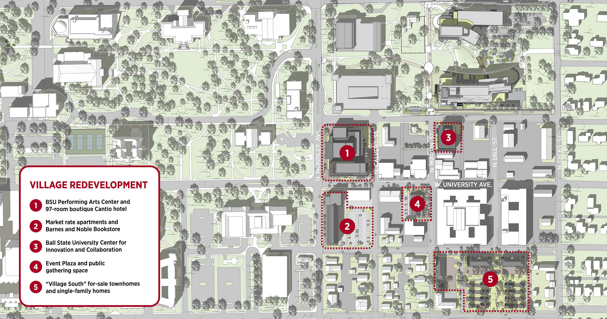 Map of Ball State’s Village Revitalization Plan showing five redevelopment sites near McKinley and University avenues, including the Performing Arts Center and Cantio Hotel, mixed-use apartments and bookstore, Center for Innovation and Collaboration, Village Green public gathering space, and Village South housing.