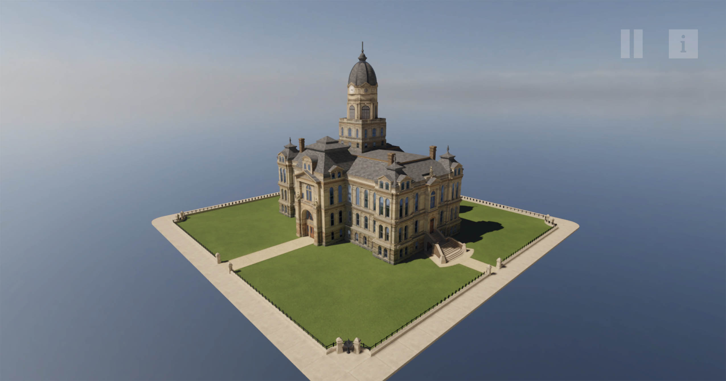 3D digital reconstruction of the old Delaware County Courthouse in Muncie, featuring its central tower and domed roof.