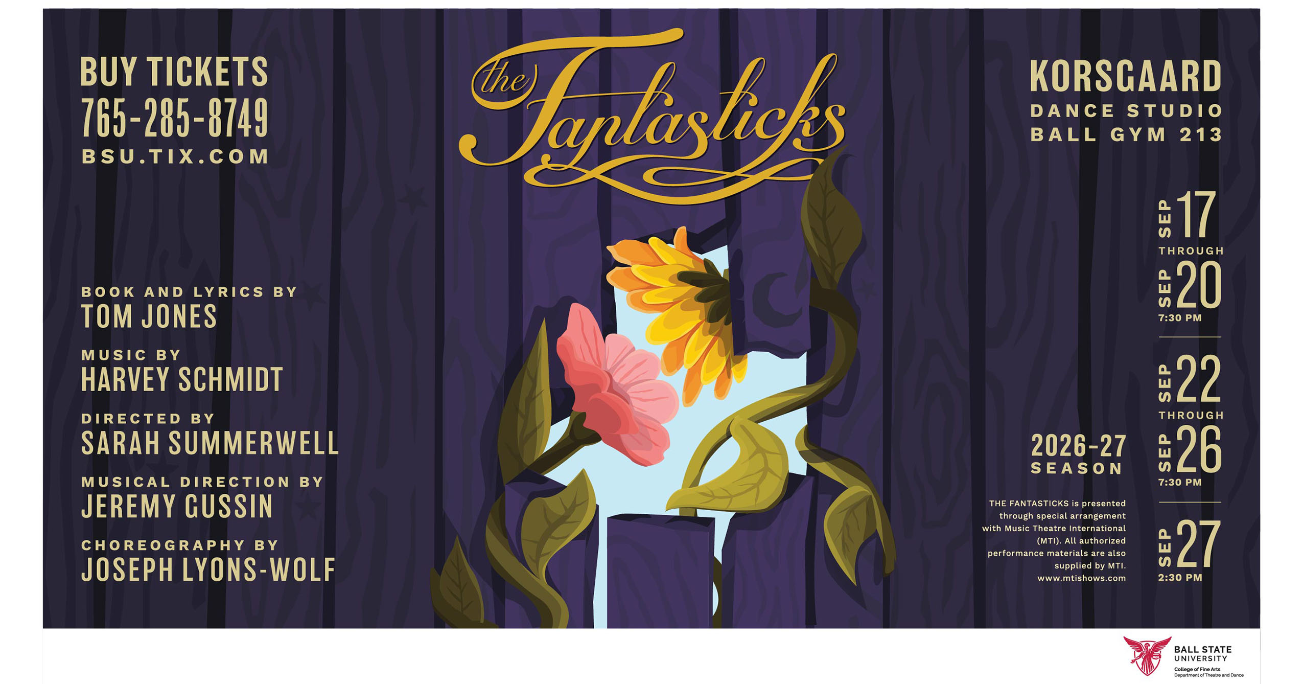 Promotional graphic for Ball State Theatre and Dance’s The Fantasticks, running Sept. 17–27, 2026, in Korsgaard Dance Studio.